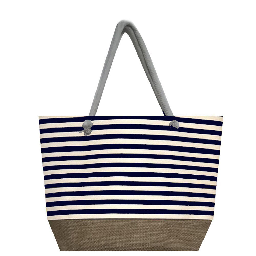 Lacivert Beyaz Çizgili Desen Temalı Fermuarlı Plaj Çantası