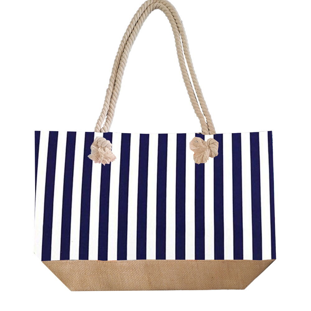 Lacivert Beyaz Dikey Çizgili Desen Temalı Fermuarlı Plaj Çantası